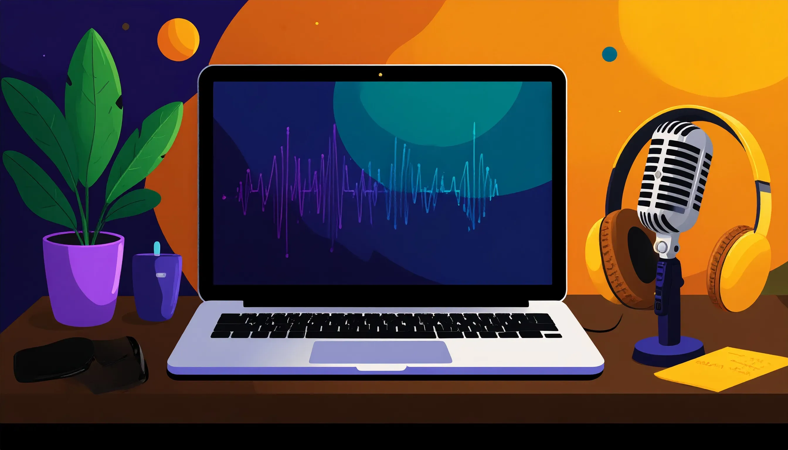 Firefly_colorful illustration of a desk with a laptop, microphone, headphones- set up for a p 887724.webp